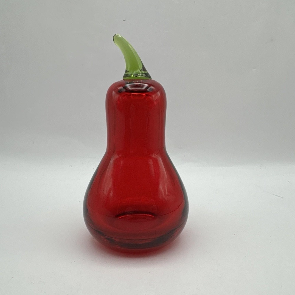 Viking Art Glass Ruby Red‎ Epic Pear Green Stem Hand Blown Vintage